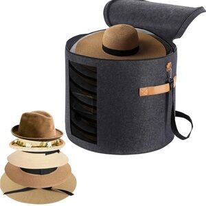 Large Hat Storage Box - 19” - Foldable Round Box with Lid - Dark Gray
